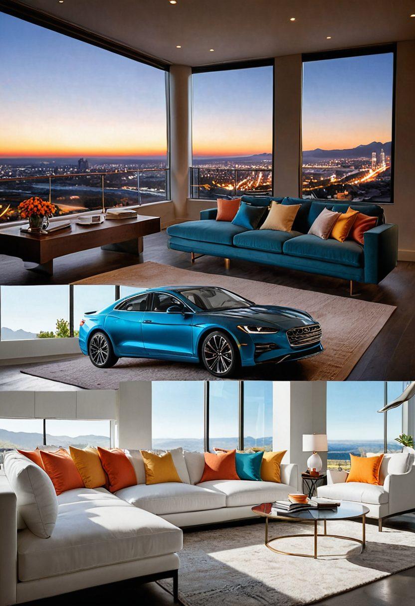 A split scene showcasing various insurance coverage options: on one side, a pristine car representing auto insurance with a highway in the background; on the other, a cozy living room with a stylish couch symbolizing home insurance. Intimate details like policy documents and a calculator nestled beside both settings. Dramatic lighting to create a contrast between adventure and comfort. vibrant colors. super-realistic.