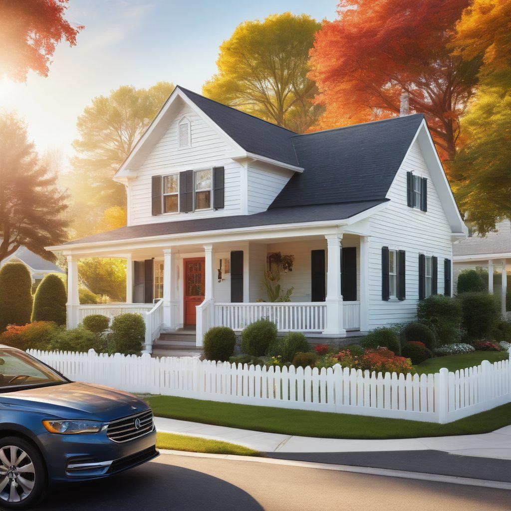 A cozy home surrounded by a neat picket fence, with a shiny car parked in the driveway, shining under the sunlight. In the foreground, a shield symbolizing protection overlays the scene, featuring icons of home and a car. An infographic-style chart in the background illustrates the benefits of insurance, blending seamlessly with the serene landscape. Bright, warm colors to evoke a sense of safety and security. super-realistic. vibrant colors.