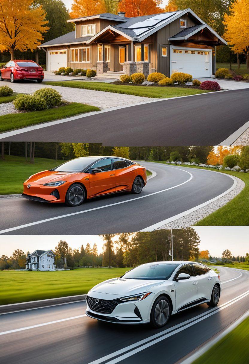 A split image showcasing a sleek modern car on one side, surrounded by protective gear such as shields, and a cozy home on the other side with an insurance policy document and a shield symbol. Incorporate a key visual element like a vibrant road connecting the two halves. Include an inviting color palette and engaging icons to represent various insurance solutions. super-realistic. vibrant colors. warm background.